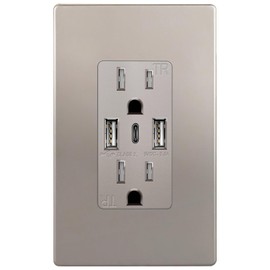 TOPGREENER USB Outlet, 3-Port Type C 3.6A 18W USB Wall Outlet, 15 Amp Tamper-Resistant Receptacle Plug, Charging Power Outlet with USB Ports, UL Listed, TU21536AC3-NK, Nickel with Wall Plate