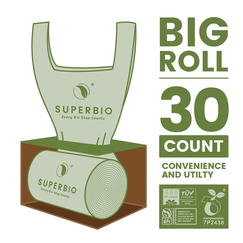 SUPERBIO 13 Gallon Handle Tie Compostable Food Waste Bags, 30
