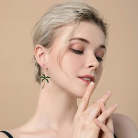 Palm Tree Earrings Gold - Enamel Oil Green Coconut Tree Bohemian Boho Dangling Earrings Hanging Plant Earrings Casual Hypoallergenic Unique Summer Holiday Hawaii Beach Theme Jewelry