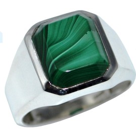 Men's Sterling Silver Malachite Signet Ring Green Natural Gemstone. All size Bands upto Z5 (W)