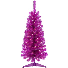 Decoway Pre-Lit Artificial Christmas Tree, 4ft Slim Tinsel Christmas Tree with Warm White LEDs, Battery Operated - Includes Stand, Fire Retardant PVC for Small Spaces, Indoor Decoration (Purple Pink)
