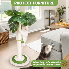 Meowoou Cat Scratching Post for Space-Saving,35” Tall Modern Monstera 3 Layer Cat Tree Tower with Sisal Rope Hanging Interactive Ball for Indoor Cats and Kitten Climbing,Play & Rest