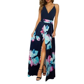 Newshows Womens' Summer 2025 V Neck Spaghetti Strap Sleeveless Casual Split Curise Long Flowy Boho Clothes Bridal Shower Guest Maxi Dress Trendy (Blue Floral Light Blue, S)