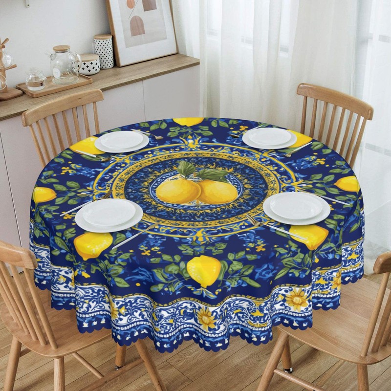 Ecixzyo Lemon Round Tablecloth 60 Inch Polyester Washable Table Cover