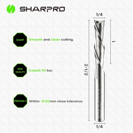 SHARPRO 1/4 Downcut Router Bit 1/4 Inch Shank, Spiral CNC Router Bits, Carbide Down Cut End Mill for Woodworking, Engraving, Plywood, Mortise and Acrylic, 1 Inch CL, 2-1/2 Inch OVL