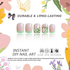Flower Press on Nails Short Square MABKJLF Green French Tip Fake Nails Cute Nails Floral Bee False Nails with Designs Glossy Glue on Nails Summer Spring Acrylic Nails for Women Girls 24 Pcs
