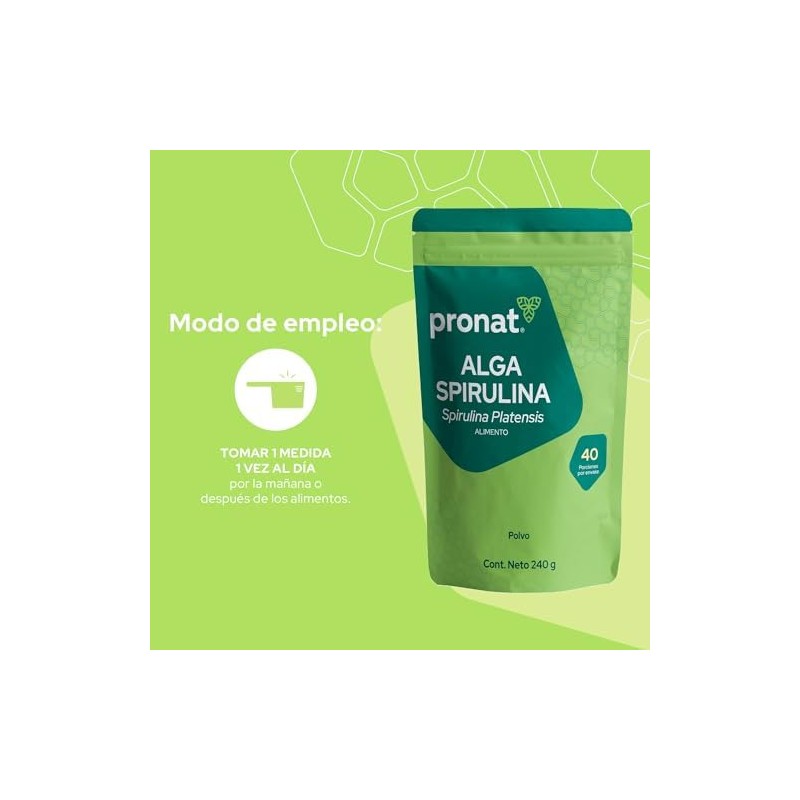 PRONAT Alga Spirulina 100 Pura en Polvo, Suplemento Alimenticio, Bolsa
