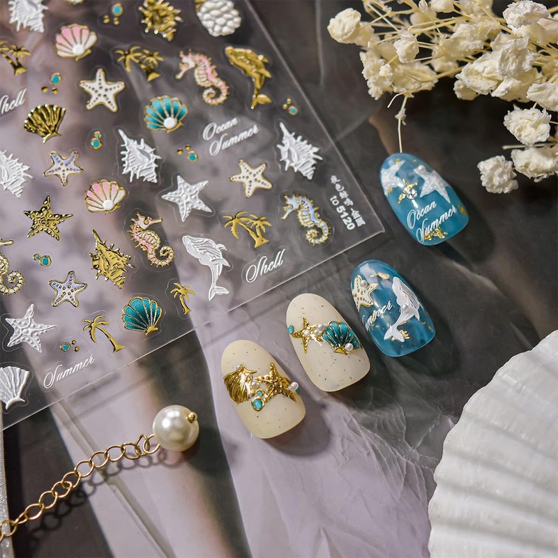 5D Embossed Seashell Nail Art Sticker with Pearl Shell Design