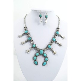 Skelapparel Southwestern Faux Blue Turquoise Squash Blossom Necklace & Earrings Set