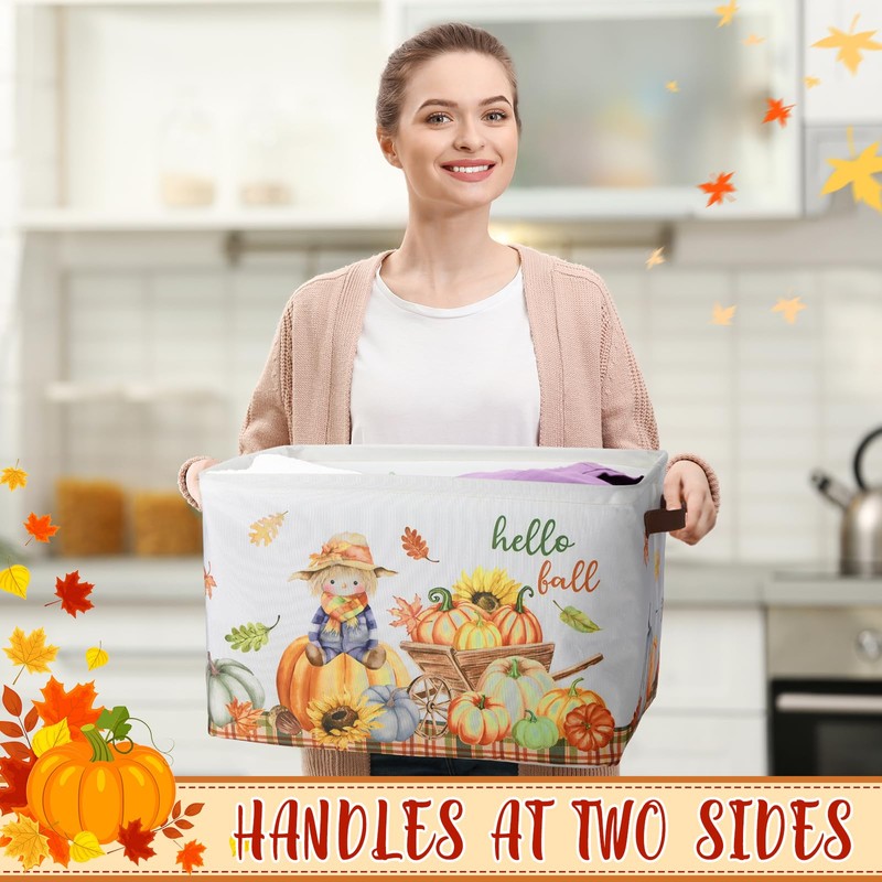 Seeloowy Hello Fall Pumpkin Gift Basket Large Maple Leaf Scarecrow