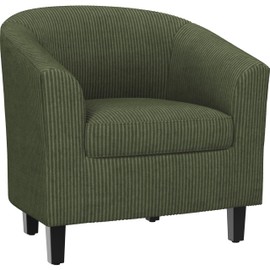 Yaheetech Corduroy Barrel Chair, Upholstered Club Chair Accent Chair, Round Armchair Waiting Room Chair with Soft Cushion for Living Room Bedroom Reading Room, Dark Green