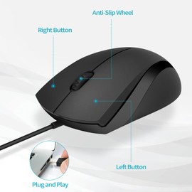 RAPOO N1600 Superlight Wired USB Mouse - 1000DPI Optical, Ergonomic Shape, Matte Black (N1600 Black) for Desktop Computers and Laptops