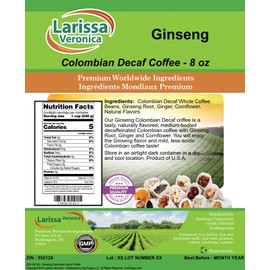 Ginseng Colombian Decaf Coffee (Gourmet, Naturally Flavored, Whole Coffee Beans) (8 oz, ZIN: 552129)