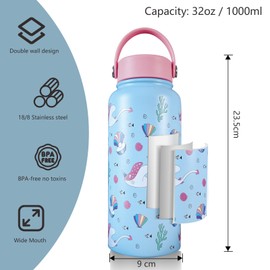 OcTecho Metal Water Bottle 1L,Insulated Water Bottles Stainless Steel for 12h Hot & 24h Cold Drinks, Double Vacuum Thermos Flask Water Bottles Leakproof Lid, BPA Free for Sports/Travel/Work-Blue Sea