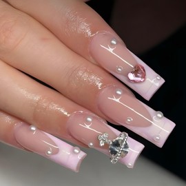 Long Press on Nails Square Fake Nails Coffin with Nude Pink 3D Rhinestone Pearls Designs French Tip False Nails Full Cover Glue on Nails Glossy Acrylic Thick Stick on Nails for Women Girls 24Pcs CZ255-B7