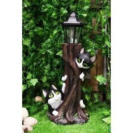 Ebros Feline Frolic Playful Black Kitten Kitty Cats by Tree Outpost Statue with Solar LED Light Lantern Path Lighter As Garden Decorative Sculpture of Cat Kittens