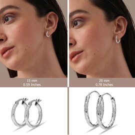 LeCalla 925 Sterling Silver Small Hoop Earrings for Women Teen | Set of 2 Pairs Textured Diamond-Cut Click-Top Hoop Earrings | Classic Italian Design Endless Hoops Earring (15MM, 20MM)