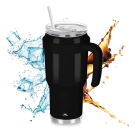 Magma Life Termo para Café y Agua, Botella Térmica de Acero Inoxidable 40 Oz (1200 ml): Contiene 1 Tapa y dos Popotes Reutilizables, ¡Comodidad y Temperatura Perfectas! (Black)