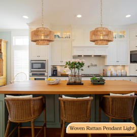 Bagood 12.5" Rattan Chandelier 1-Light Woven Rattan Pendant Light Boho Wicker Pendant Lighting Fixture Farmhouse Chandelier Light Fixture 3-Tier Drum Wicker Golden Chandeliers for Dining Room