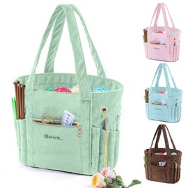 MYABGZING Corduroy Crochet Bag – Large Yarn Storage Tote with Grommets, Pockets & Needle Holders – Knitting Bag Organizer for Crochet Hooks, Accessories, Tools & Projects –Gift for Knitters & Crafters