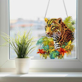 SENQAO Leopard Diamond Art Hanging Kit for Adult, Special Shaped Rhinestone, DIY Acrylic 5D Cheetah Diamond Art Painting Window Pendants Home Garden Wall Hanging Kits Hanging Ornament