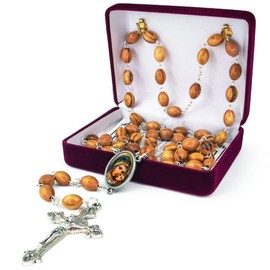 Madonna & Son, Wooden Catholic Rosary Necklace from Israel, Olive Wood Rosary Beads with Icon Portrait & Crucifix Cross Pendant, Confirmation & Communion Rosaries for Men & Women