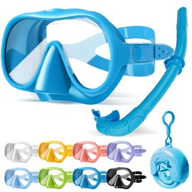 HINATAA Snorkel Set Adults, Fashionable Macaron Colors Frameless Snorkeling Mask, Ultra Wide View Anti-Fog Snorkel Mask Set, Portable Professional Diving Snorkeling Set (Dark blue)