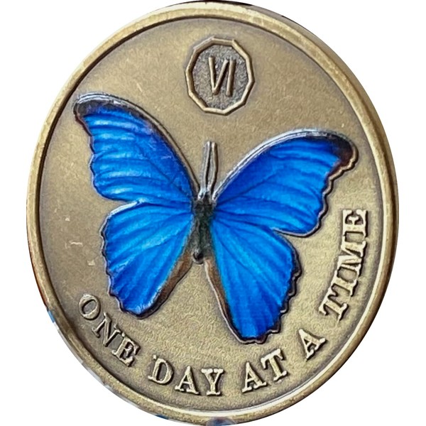 6 Year Blue Butterfly Medallion One Day at A Time Sobriety Chip