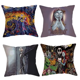 VFY 4-Piece Nightmare Pillow Covers - Nightmare Before Christmas Throw Pillow Cover Set, Nightmare Before Christmas Gifts, 18x18 Inch Square Sofa Cushion Covers Pillowcase for Xmas/Family Friends