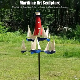 Fdit Sailboat Windmills, Metal Bright Colors Lighthouse Art Wind Sculpture Garden Windmills for Lawn Patio Decoration