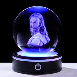 Arikyrist Crystal 3D Jesus Ball Statue Glass Christian Sphere for Room with Colorful Base Collectible Keepsake for Catholic on Christmas Home Decor Religious Gifts for Women Men,