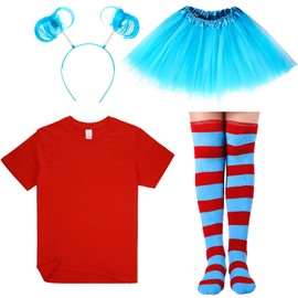 Tulle Tutu Costume Accessories Set, T Shirt Striped Thigh High Socks Tutu Skirt, Adult Size (Classic Color,Medium)