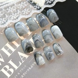 24 Short Press on nails kit w/ glue smoky gray marble artsy unique design