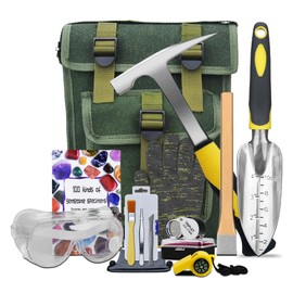 14 PCS Geology Rock Pick Hammer Kit, Gold Mining & Prospecting Equipment Tool, Musette Bag, 22oz Hammer & Digging Chisels, Shovel, Magnifying Glass, Whistle, Goggles