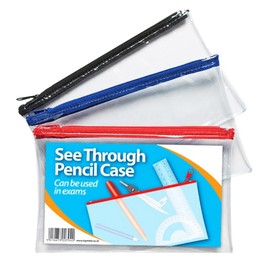 1ABOVE 3pk Clear Pencil Case for Exams, Transparent Pencil Case with Zipper for Usage in School Home Office and Travel. Blue, Black and Red- 20x12.5cm