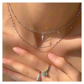 Cimenexe Bohemian Layered Northstar Pendant Necklace Silver Star Choker Necklace Station Ball Necklace Vintage Lace Chain Necklace Jewelry for Women and Girls Gifts