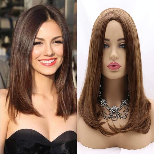 Xiweiya 16 Inch Straight Brown Synthetic Wig No Lace Front Wig Long Brown Natural Looking Heat Resistant Fiber Wig for Women