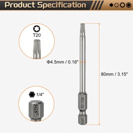 sourcing map T20 Torx Head Screwdriver Bit 1/4" Hex Shank 3.15" (80mm) Long Magnetic No Hole Tip Tamper Proof 6 Point Star Screw Driver Drill Bits S2 Steel Industrial Power Screwdrivers