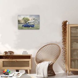 Farmhouse Old Truck Canvas Wall Art, Old Barn Pictures Wall Art, Country Antique Pickup Truck Canvas Prints, Blue Truck With White Petunias Art Prints for Farmhouse Spring Decor 12x18 Inches