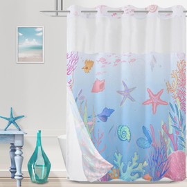 TWLSNCD No Hook Shower Curtain with Snap in Liner, Beach Ocean Nautical Coastal Shower Curtains and Liner Set for Bathroom, Seashell Hotel Bath Curtain, Waterproof Washable, Blue Pink 71" x 74"