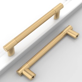 Amerdeco 10 Pack Gold Knurled Cabinet Pulls 4 Inch Hole Center Brushed Brass Kitchen Cabinet Handles for Drawer Cupboard and Wardrobe ZH00038
