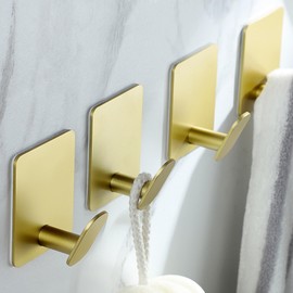 DELITON Gold Towel Hooks- 4 Pack Adhesive Hook for Coat Robe Clothes Stick on Bathroom Wall Brushed Gold Finish Heavy Duty, Stainless Steel