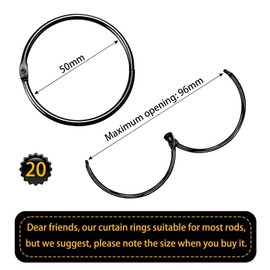 Pack of 20 Metal Curtains, Curtain Rings, Hanging Rings, 50 mm Inner Diameter for Window Curtain, Bed Curtain, Shower Curtain (Black)