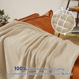 PHF 100% Cotton Waffle Muslin Blanket King Size, 104" x 90" Lightweight and Breathable Washed Cotton Blanket, Aesthetic Soft Muslin Waffle Bedding for Sofa Bed Home Decor, Oak