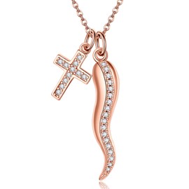 DAYLINLOVE Italian Horn Necklace 925 Sterling Silver Rose Gold-Plated Cornicello Cross Pendant Lucky Protection Amulet Jewellery Gift For Women, Sterling Silver, No Gemstone