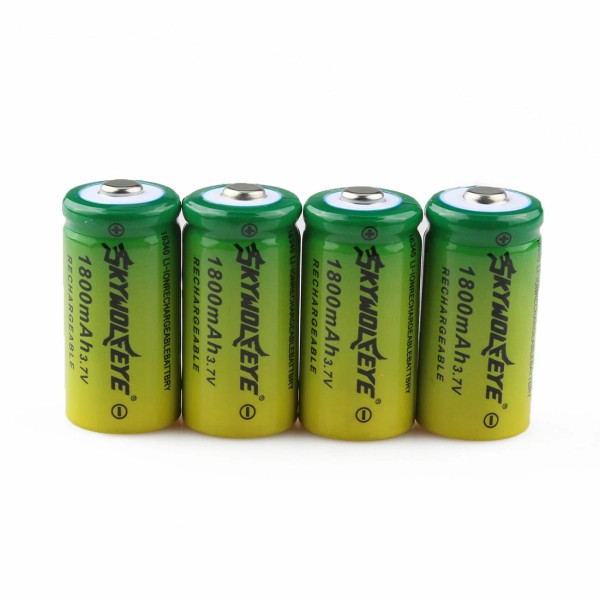 SKYWOLFEYE 4pcs SKYWOLFEYE 1800mAh 16340 Battery RCR123A 3.7V Rechargeable Cell