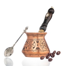 12 Oz Copper Turkish Greek Arabic Coffee Pot with Copper Handle - Cezve Ibrik Briki Stovetop Coffee Maker (Includes Copper Spoon) (4 servings)