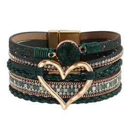 P Ammy Fashion® Women's Multi-layer Love Heart Leather Wrap Bracelets Stackable Boho Bangles Bohemian Cuff with Magnetic Clasp Jewelry Gift (Blackish Green)