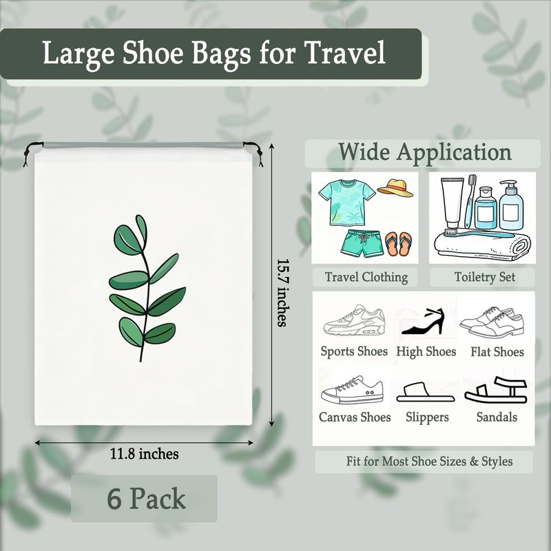 6PCS Clear Shoe Bags for Travel, Eucalyptus Leaf Pattern Travel