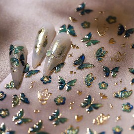 5D Embossed Butterfly Nail Art Stickers Green Hot Gold Butterflies Nail Decals Self Adhesive Flower Heart Nail Design Stickers Star Nail Art Supplies Spring Nail Stickers for Women Nail Art Decoration